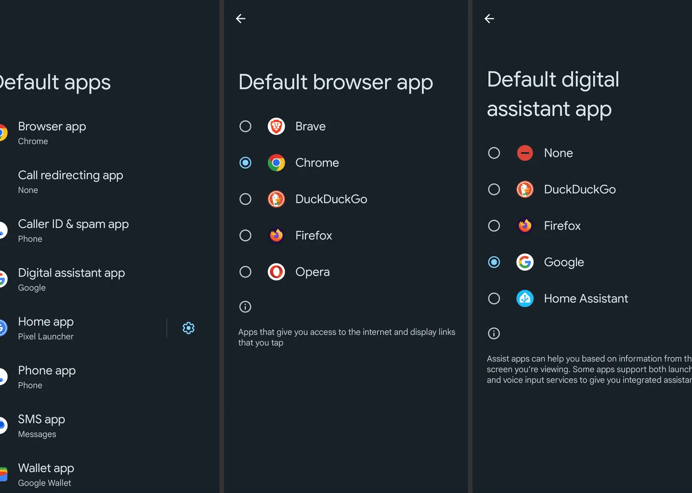 Changing the default browser app and digital assistant app on Android