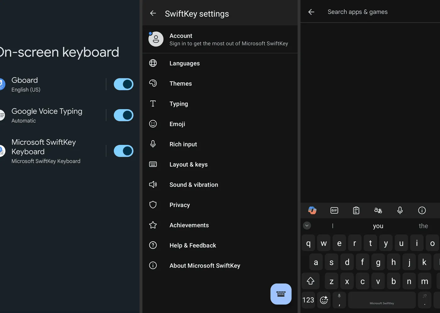 Microsoft's SwiftKey keyboard settings on a Google Pixel phone