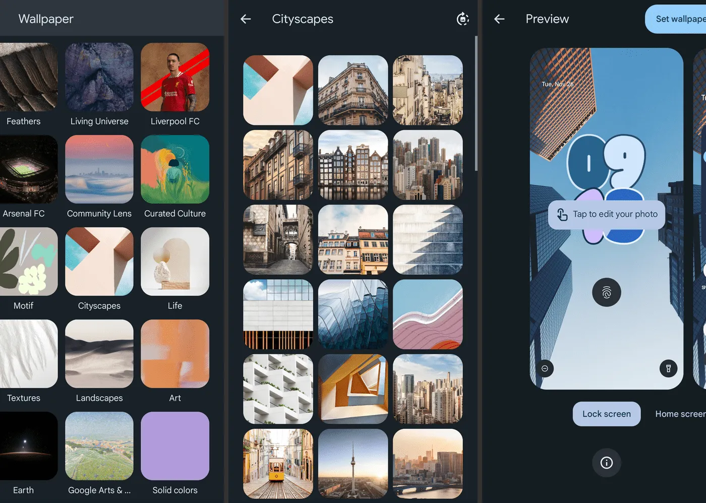 Wallpaper options for a Google Pixel phone