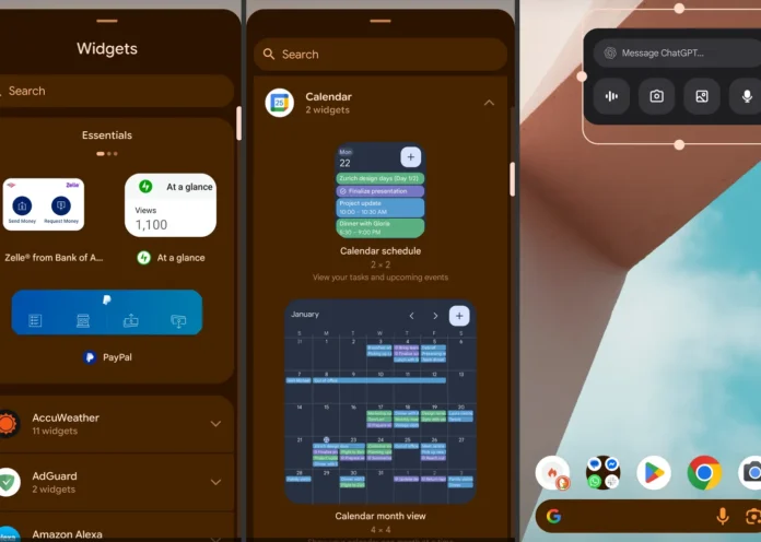 Tiga layar smartphone Android menampilkan berbagai widget home screen dan antarmuka pemilihan widget