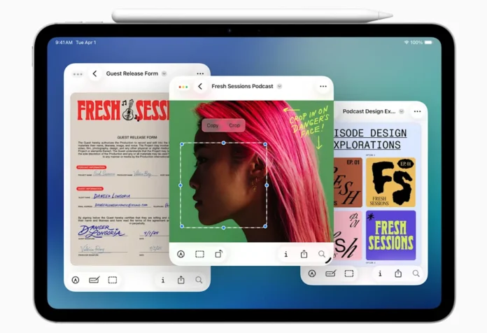 Ilustrasi iPad dengan tampilan Slide Over yang menunjukkan multitasking dengan aplikasi melayang di sisi layar