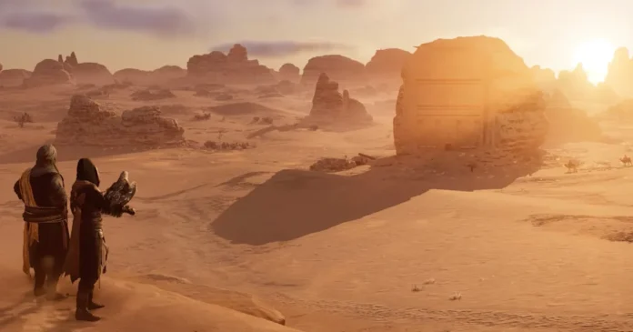 Ilustrasi karakter Basim dalam game Assassin's Creed Mirage dengan latar belakang arsitektur Timur Tengah kuno