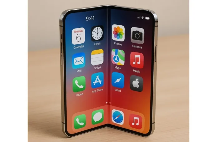 Ilustrasi iPhone Fold dengan frame kombinasi titanium dan aluminum menunjukkan desain premium ponsel lipat pertama Apple
