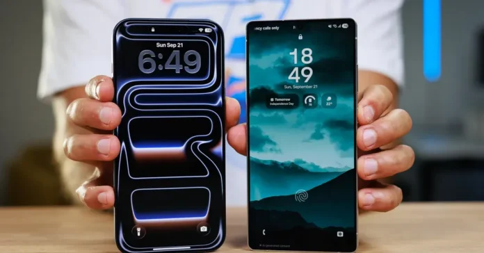 Ilustrasi proses transfer eSIM dari iPhone ke perangkat Samsung Galaxy dengan antarmuka One UI 8.5