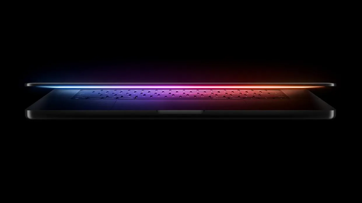 Ilustrasi chip Apple M5 dengan latar belakang gelap dan cahaya biru