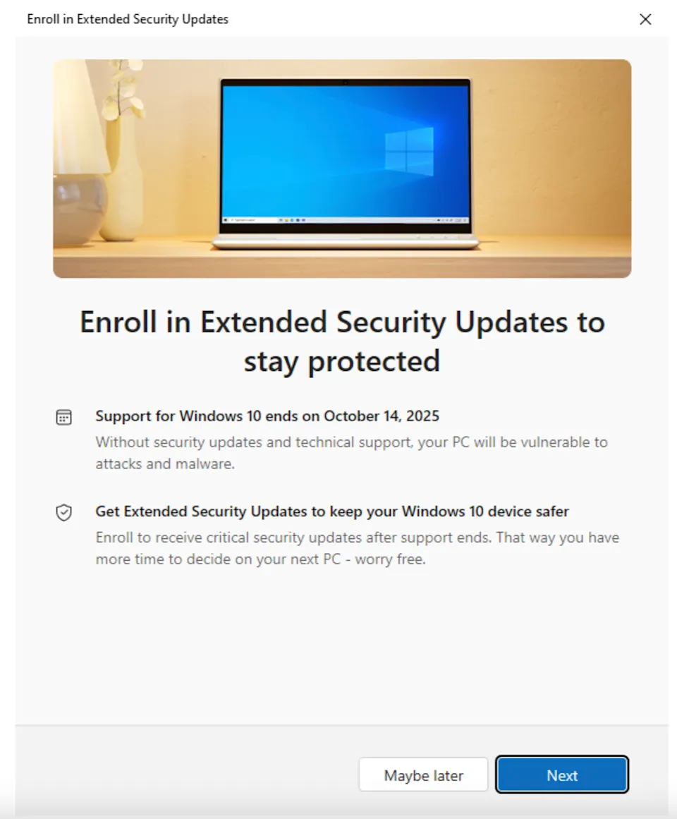Screenshot proses enroll Extended Security Updates Windows 10