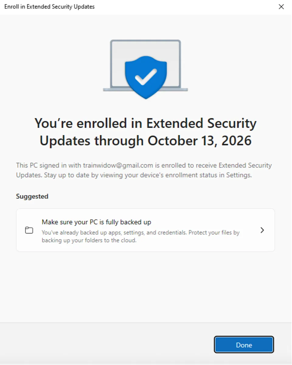 Screenshot konfirmasi berhasil enroll Extended Security Updates