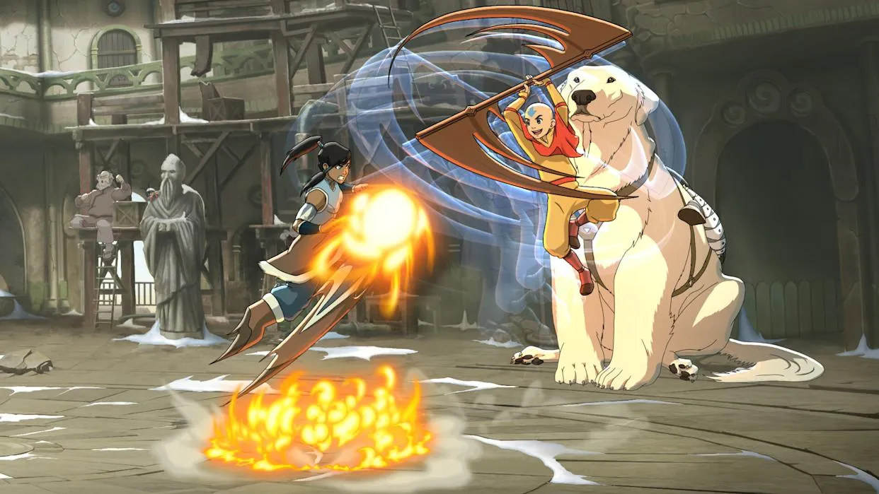 Gambar konsep Avatar Legends: The Fighting Game menampilkan karakter Aang dan Korra