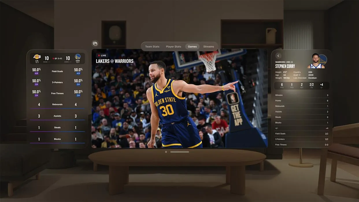 Ilustrasi pengalaman menonton basket di Apple Vision Pro dengan tampilan immersive