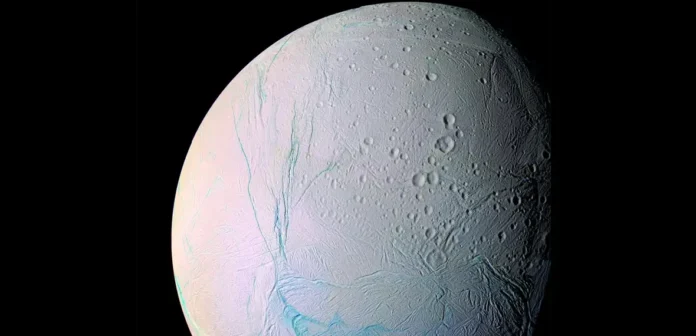 Ilustrasi Enceladus, bulan Saturnus, dengan cryovolcano yang menyemburkan material es dan uap air ke angkasa