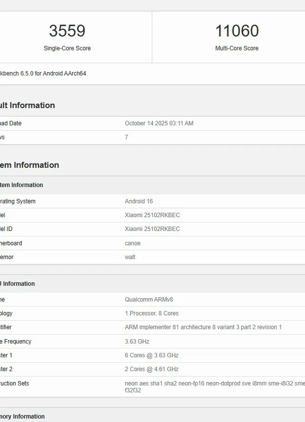 Redmi K90 Pro Geekbench benchmark listing showing Snapdragon 8 Elite Gen 5 processor and performance scores