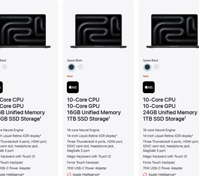MacBook Pro 14-inch M5 dengan layar Liquid Retina XDR yang menyala, menunjukkan antarmuka macOS Tahoe