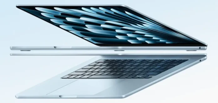 MacBook Air M4 dengan chip Apple terbaru ditampilkan dalam posisi terbuka pada latar belakang bersih