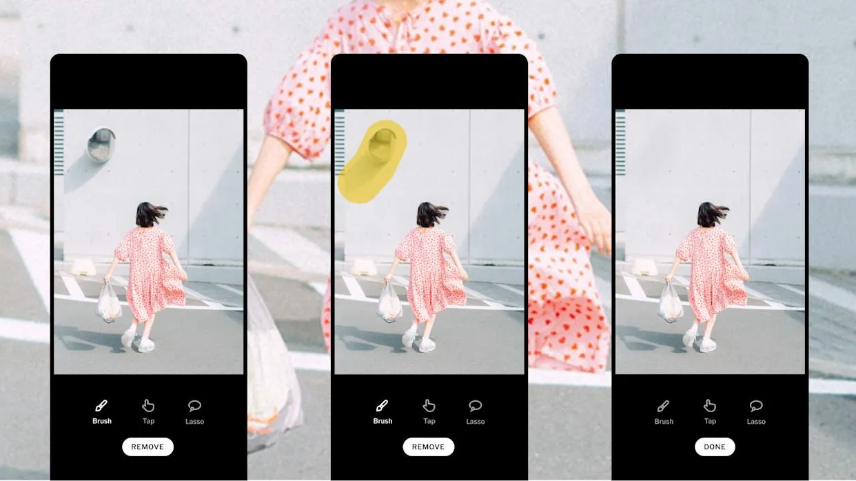 Antarmuka fitur Remove AI VSCO yang menunjukkan proses menghapus objek dari foto