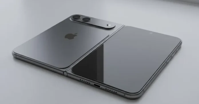 Ilustrasi konsep iPhone lipat Apple dengan layar terbuka dan tertutup