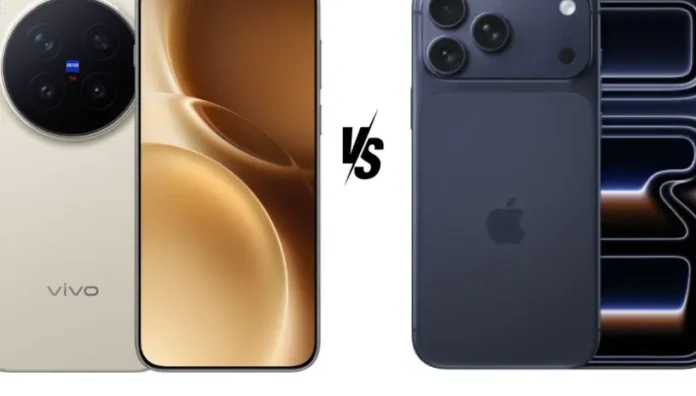 Perbandingan visual Vivo X300 Pro dan iPhone 17 Pro Max menunjukkan perbedaan desain dan tampilan layar flagship 2025