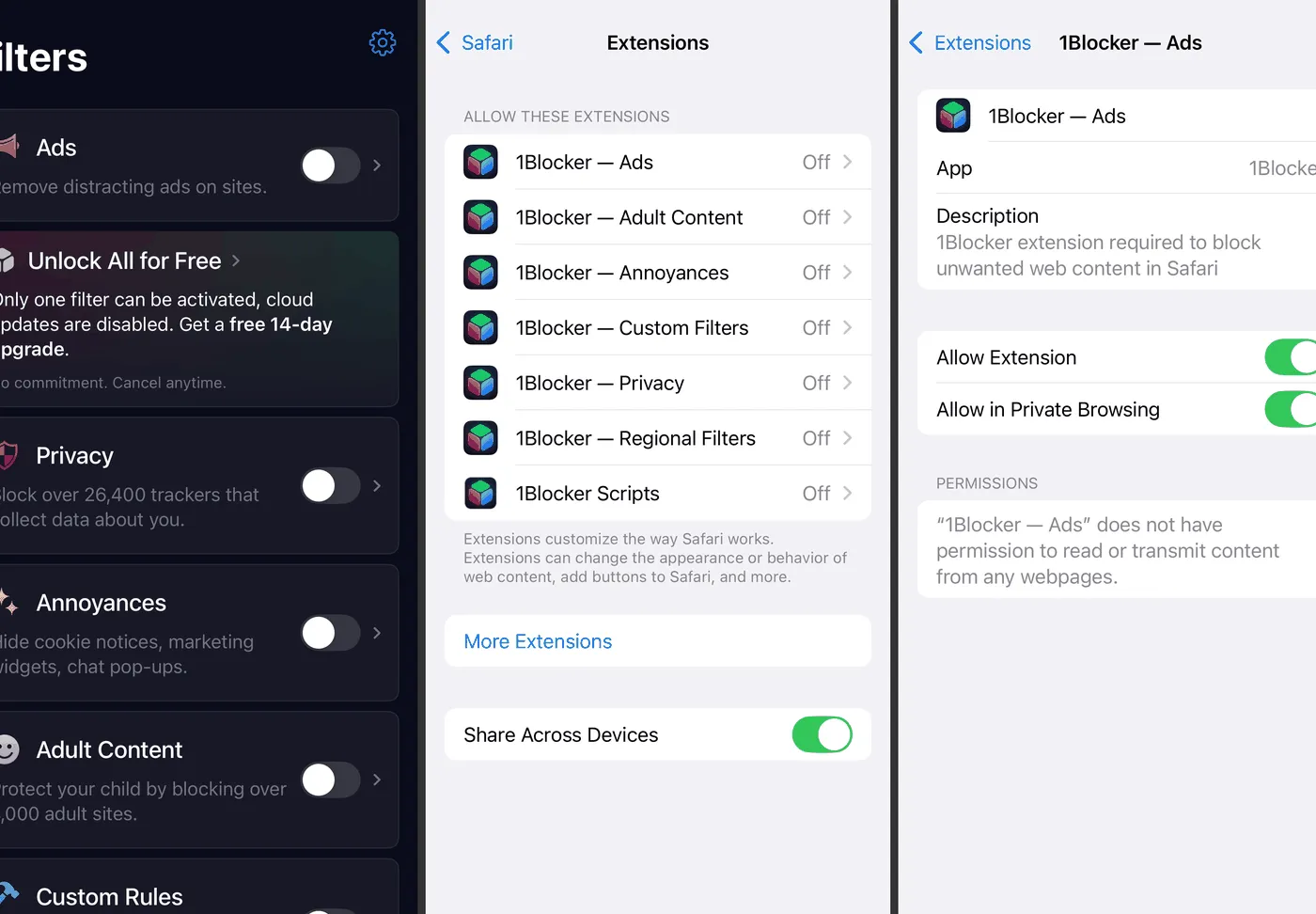 iBlocker filters and iPhone Safari extensions options