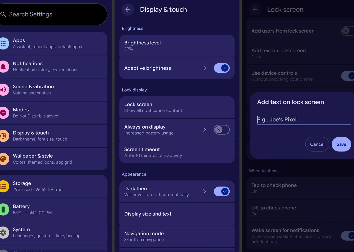 Screenshots of an Android phone settings interface focusing on the lock screen and add text feature