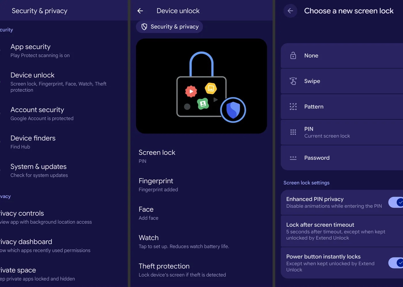 A series of screens on an Android device showing security and lock screen settings including options for fingerprints and PINs