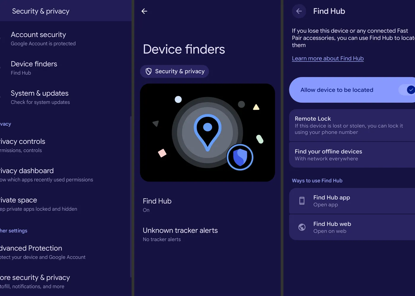Screenshot showing Androids Find Hub feature with instructions for locating and securing devices in the system settings