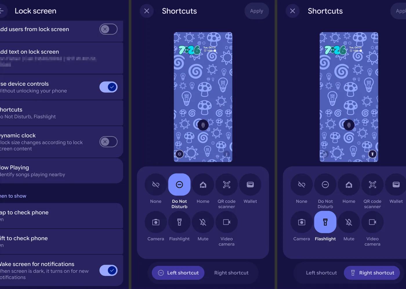 Screenshot of an Android settings interface showing lock screen and shortcut customization options