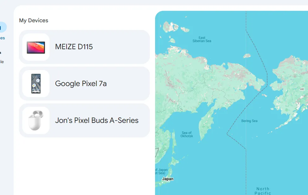 Google Find Hub interface showing a device list and a map 