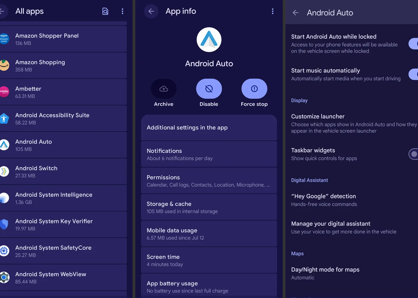 Screenshots showing Android Auto settings and options menus including app customization and system preferences