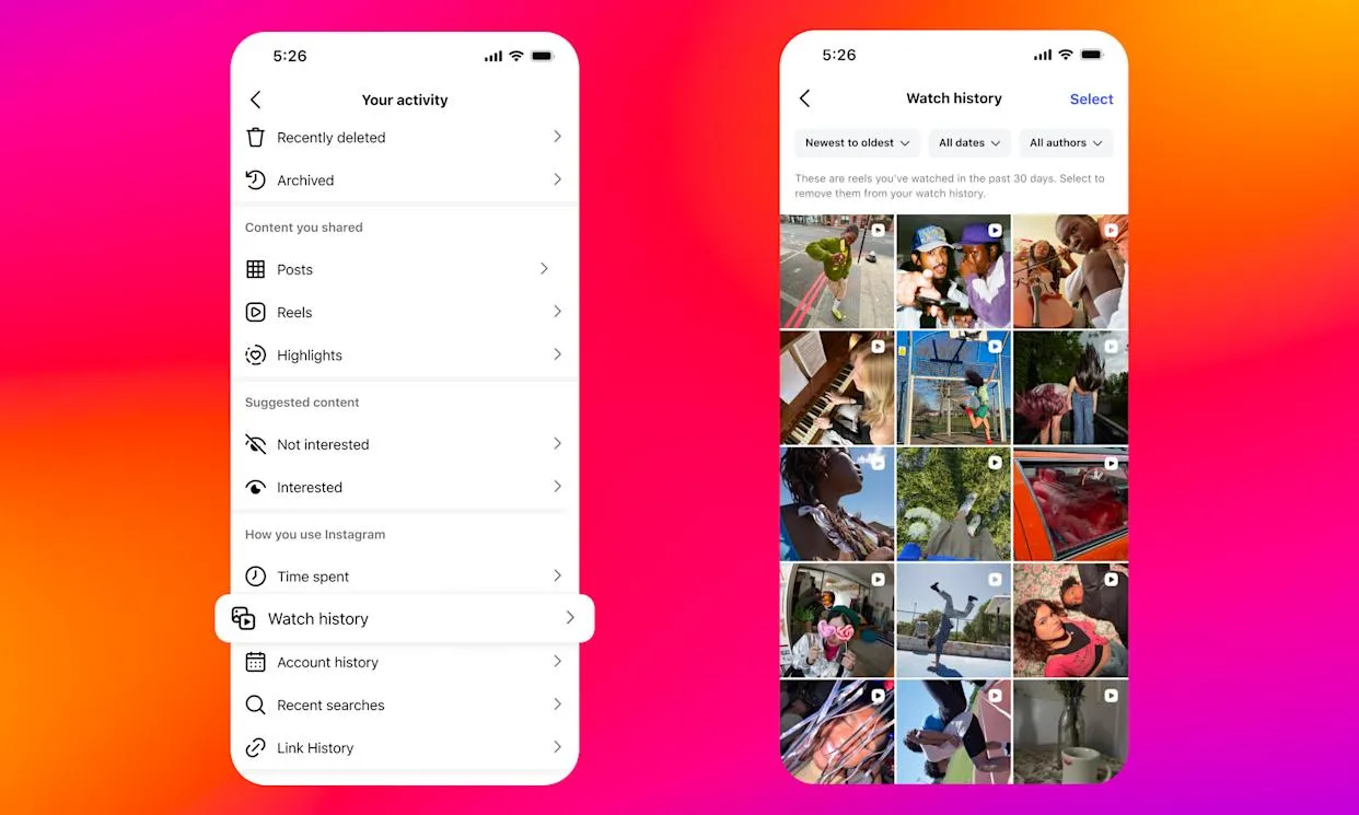 Tampilan antarmuka fitur Watch History Reels Instagram dengan opsi filter dan sortir
