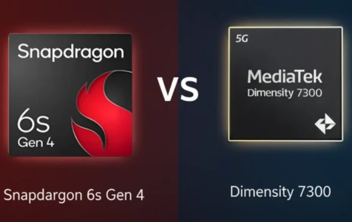 image-1761790849237-9169.webp Ilustrasi perbandingan visual chipset Snapdragon 6s Gen 4 versus MediaTek Dimensity 7300 untuk smartphone kelas menengah