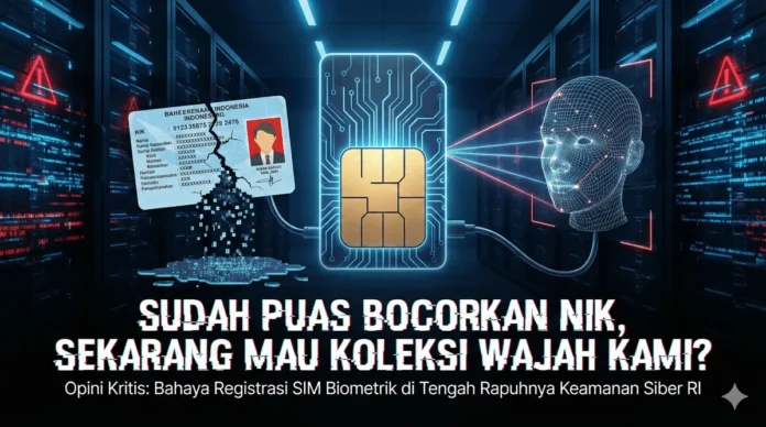 Ilustrasi kartu SIM dengan chip berbentuk wajah manusia digital, melambangkan kebijakan registrasi biometrik dan face recognition di Indonesia.