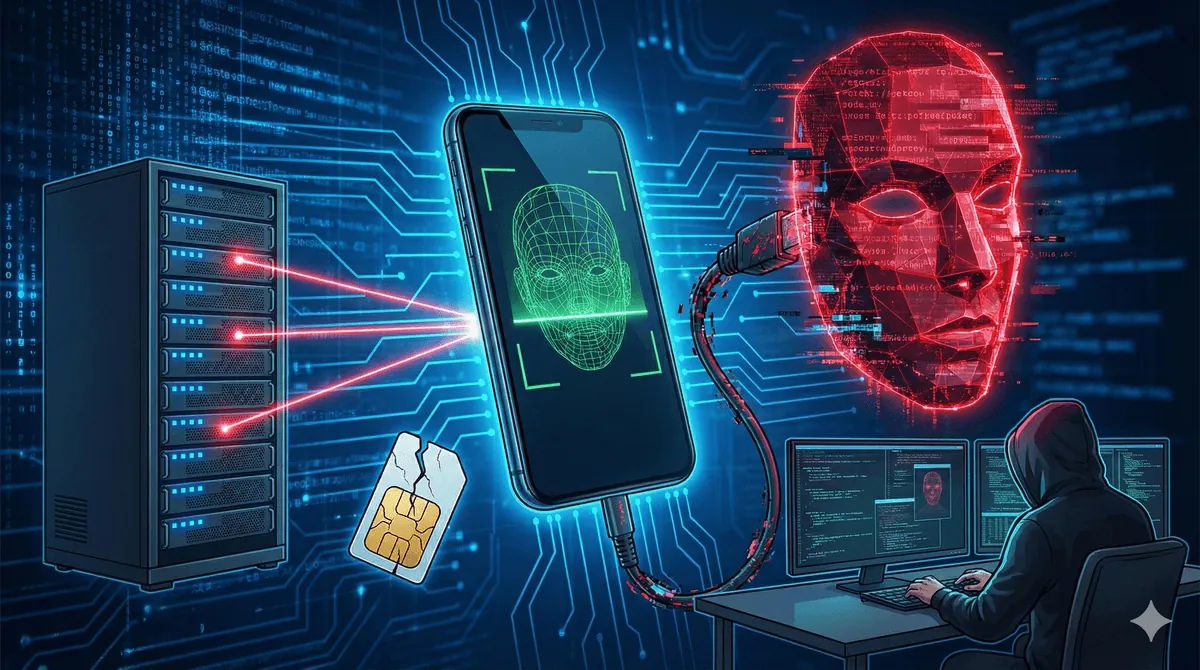 Ilustrasi digital wajah manusia yang sedang dipindai namun separuh wajahnya adalah kode biner, melambangkan serangan deepfake injection.