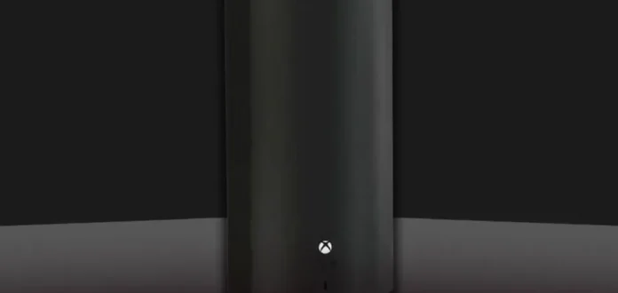 image-1761966134120-5989.webp Konsol Xbox Series X hitam dengan desain modern dan lampu LED biru khas Microsoft