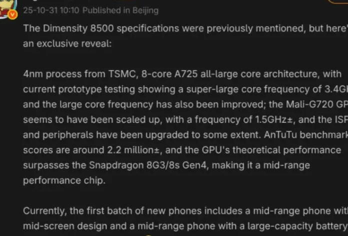 Ilustrasi konsep chipset MediaTek Dimensity 8500 dengan latar belakang sirkuit elektronik berwarna biru dan emas