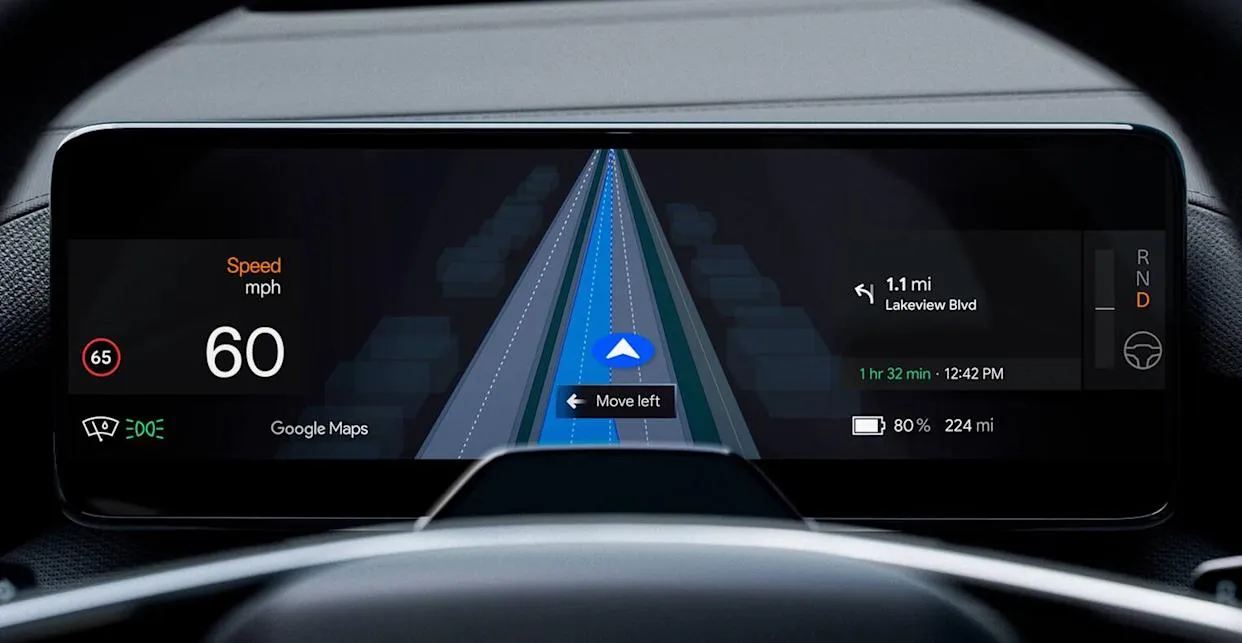 Ilustrasi dashboard Polestar 4 dengan tampilan Google Maps Live Lane Guidance