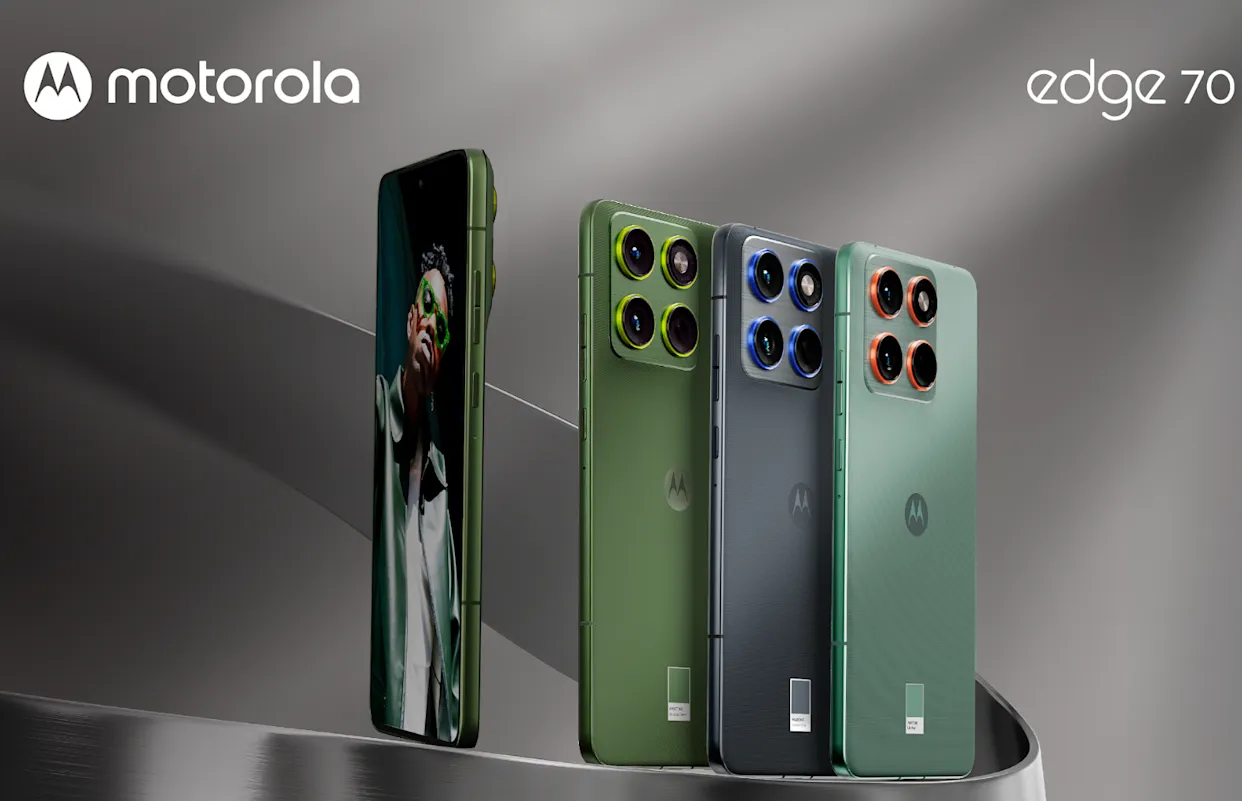 Tampilan samping Motorola Edge 70 yang ultra tipis dengan frame aluminium