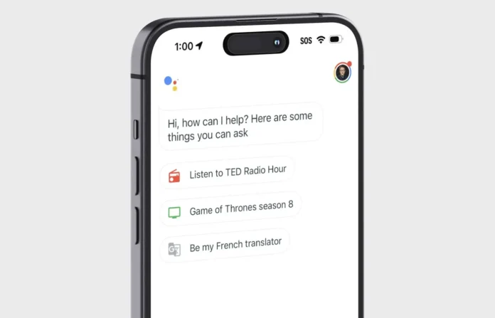 Tampilan layar iPhone yang menampilkan antarmuka Google Assistant dengan berbagai saran fitur dan perintah