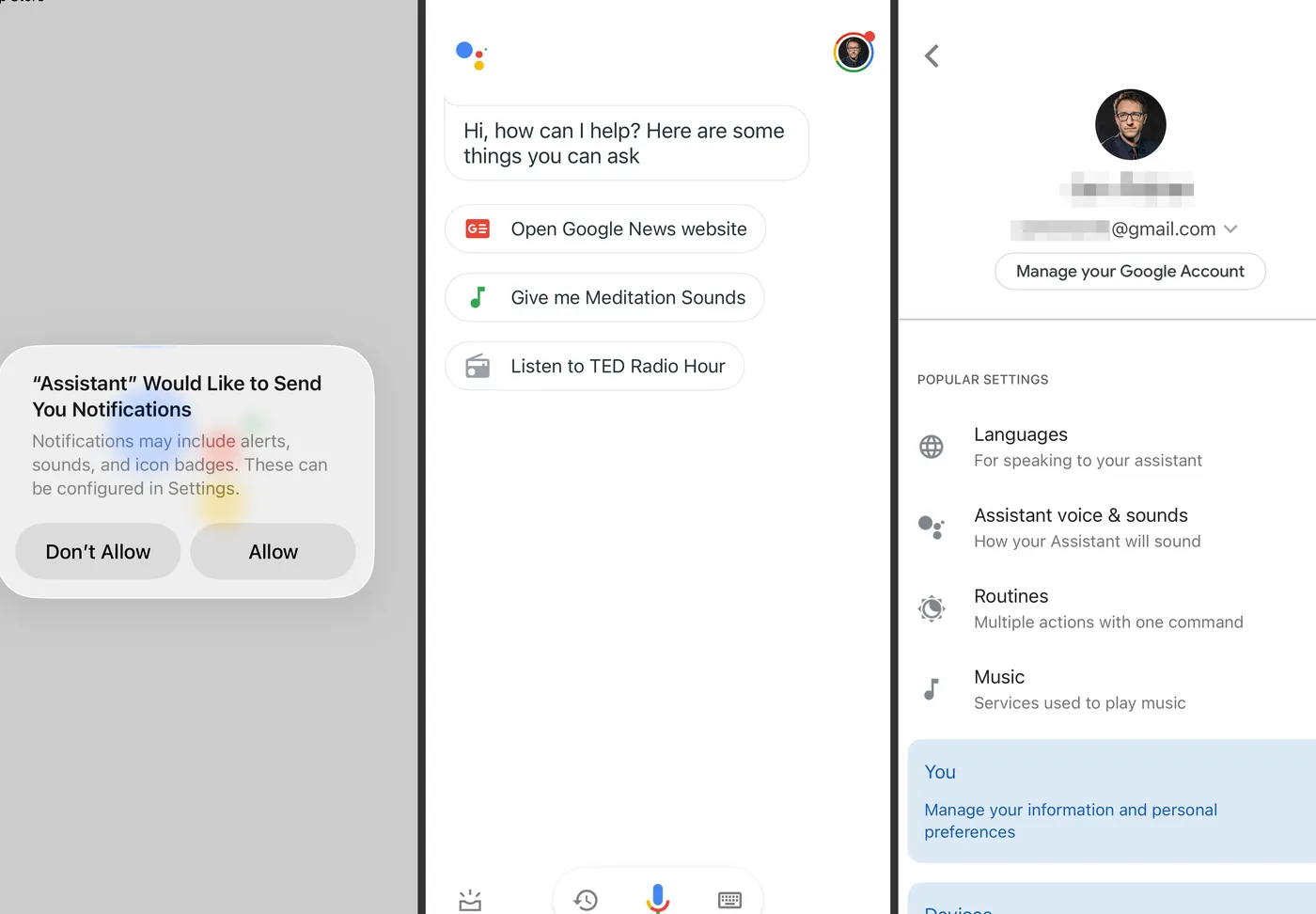 Screenshots of Google Assistant on an Android device showing notification permission, a home interface, and settings menu