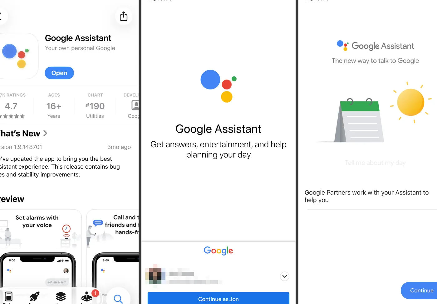 Screenshots of the Google Assistant app showing its App Store page setup process and introduction screen with descriptions of its features