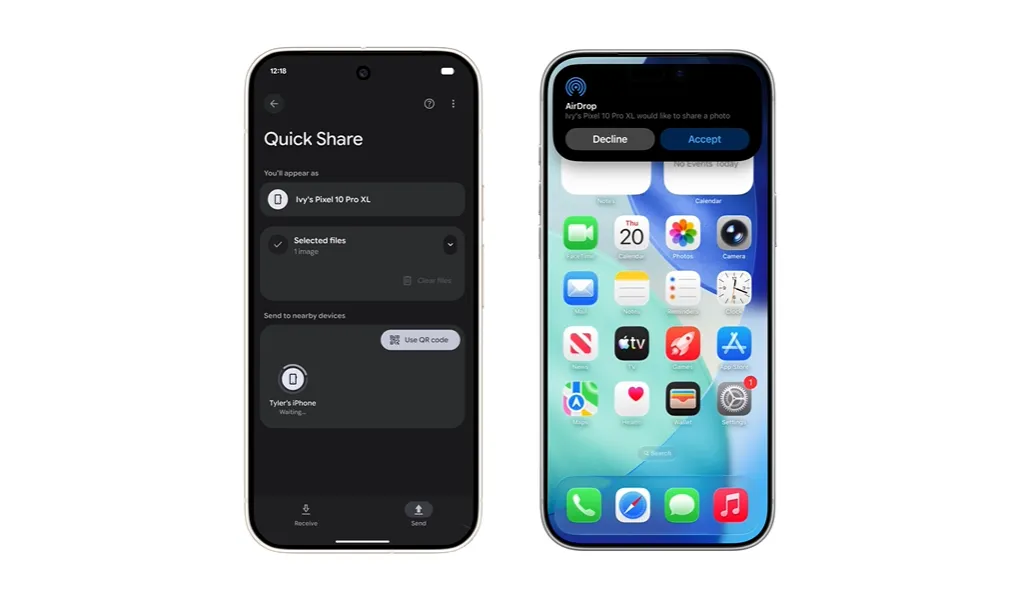 Ilustrasi transfer file antara Pixel 10 dan iPhone menggunakan teknologi sharing terbaru