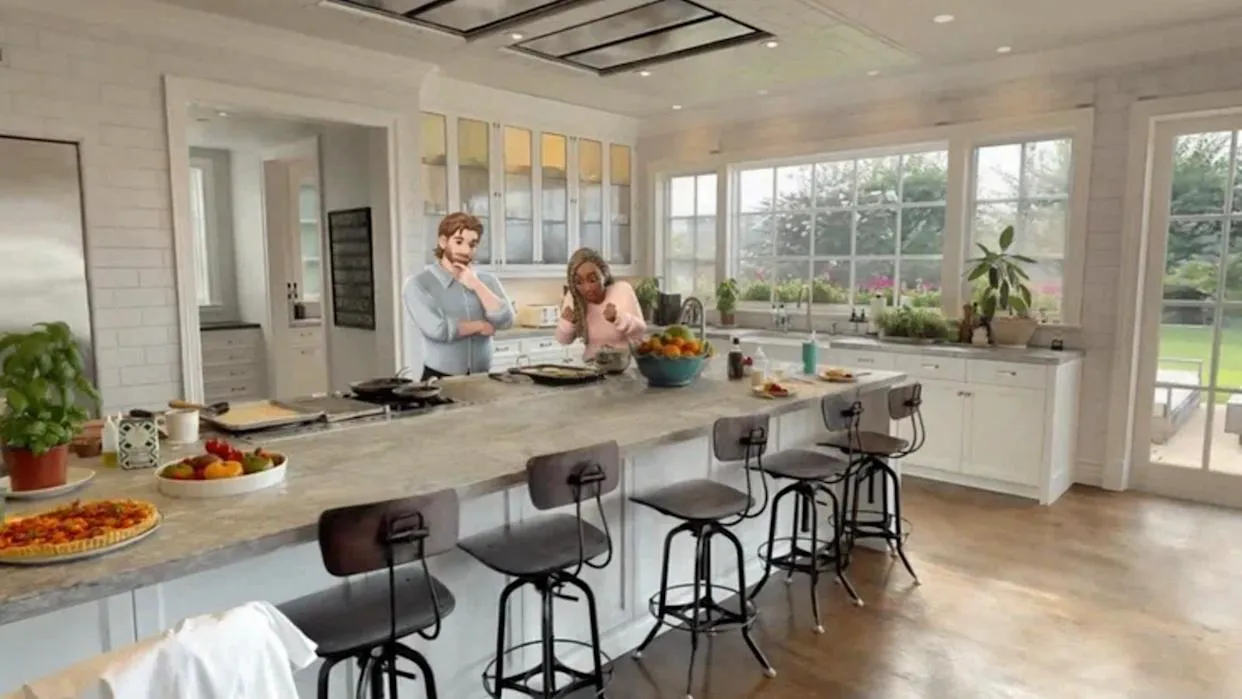 Ilustrasi pengguna Meta Horizon berinteraksi di ruang virtual bersama teman-teman