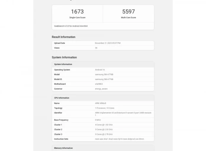 Prototipe Samsung Galaxy A77 terlihat dalam tes benchmark Geekbench dengan spesifikasi RAM 8GB dan sistem operasi Android 16
