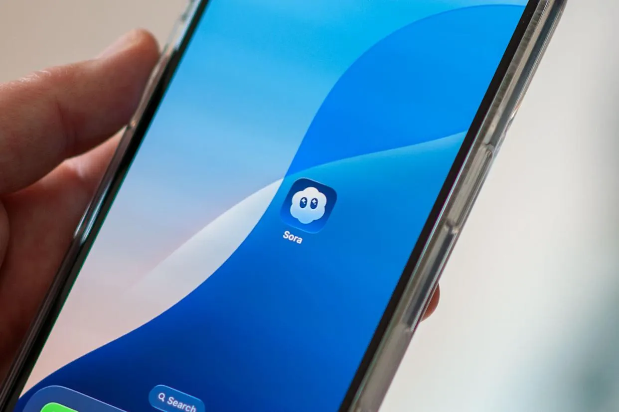 Ikon aplikasi Sora dari OpenAI di layar iPhone yang memungkinkan pembuatan video dengan perintah suara