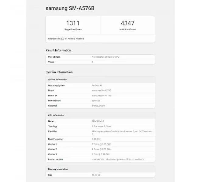 Samsung Galaxy A57 Geekbench with Exynos 1680