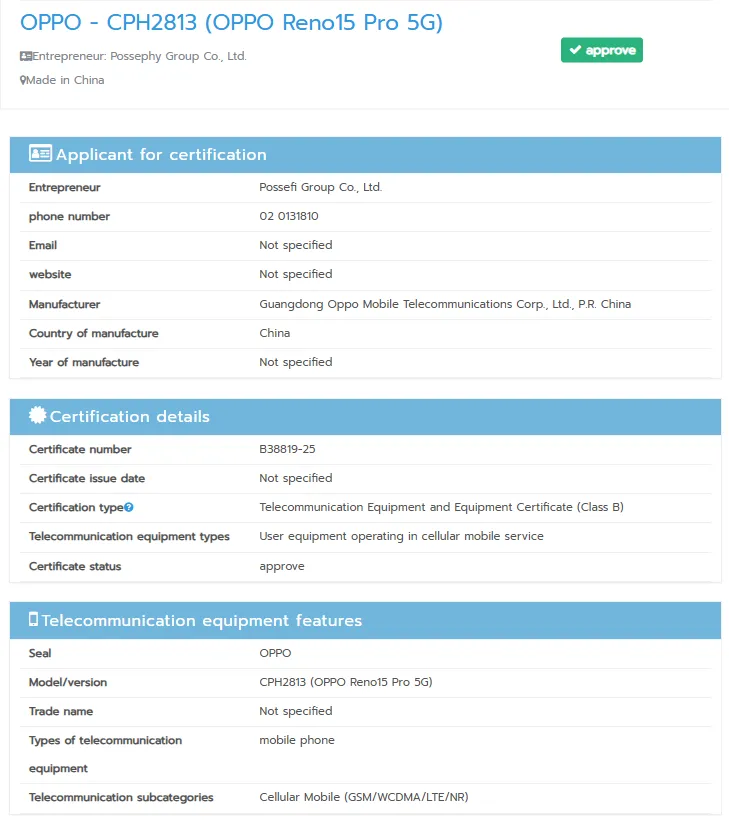 Oppo Reno 15 Pro NBTC