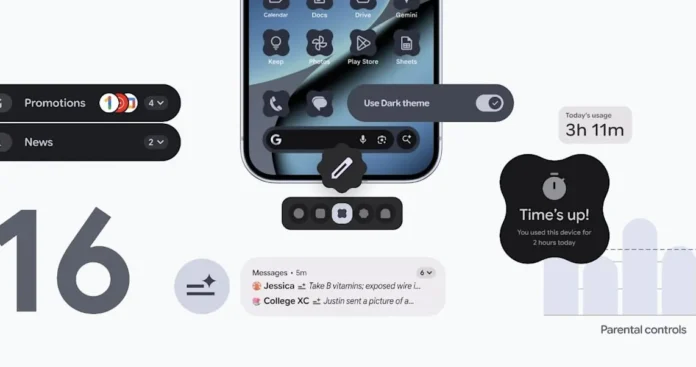 Ilustrasi logo Android 16 dengan latar belakang gelap dan elemen grafis AI