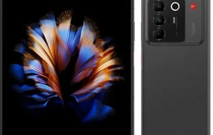 Ponsel lipat Nubia Fold dengan desain buku, menampilkan layar utama yang terbuka dan modul kamera besar di bagian belakang.
