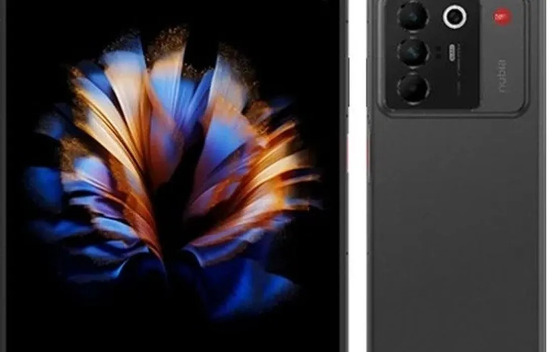 Ponsel lipat Nubia Fold dengan desain buku, menampilkan layar utama yang terbuka dan modul kamera besar di bagian belakang.