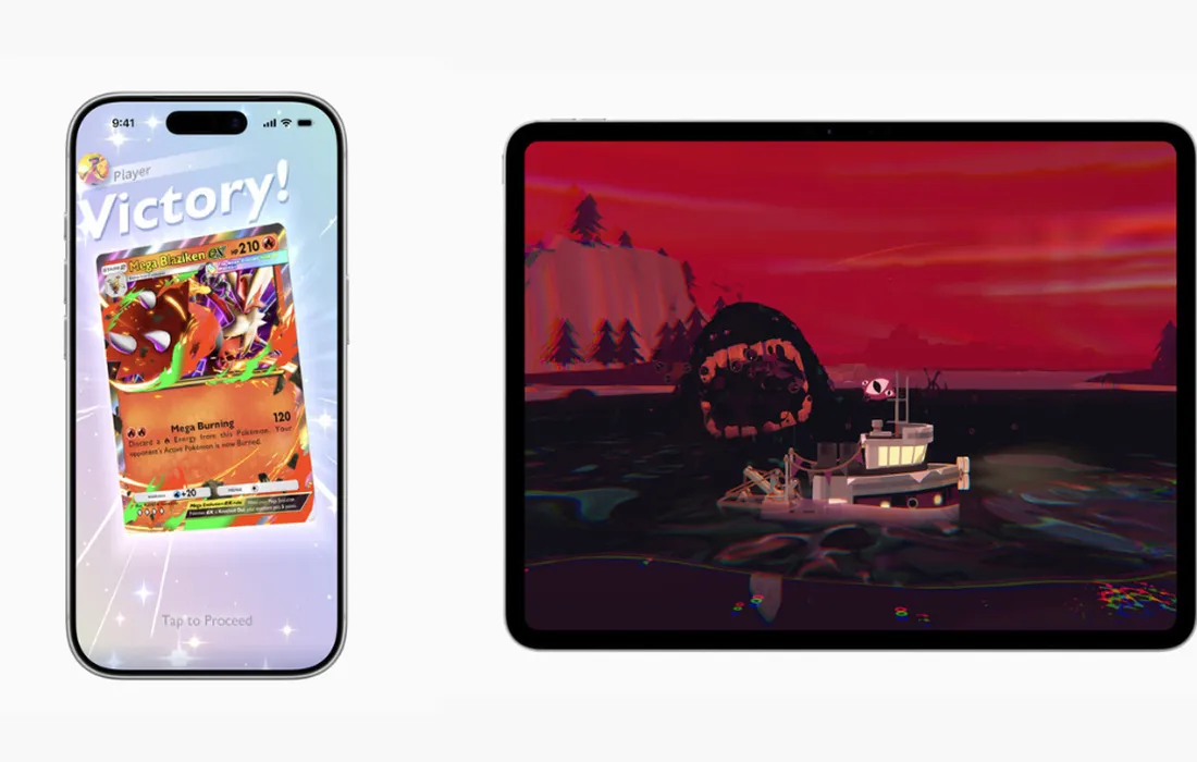 Pemenang utama game App Store Awards 2025, Pokemon TCG Pocket untuk iPhone dan DREDGE untuk iPad, ditampilkan side by side.