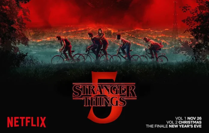 Poster resmi serial Netflix Stranger Things musim kelima yang menampilkan karakter utama.