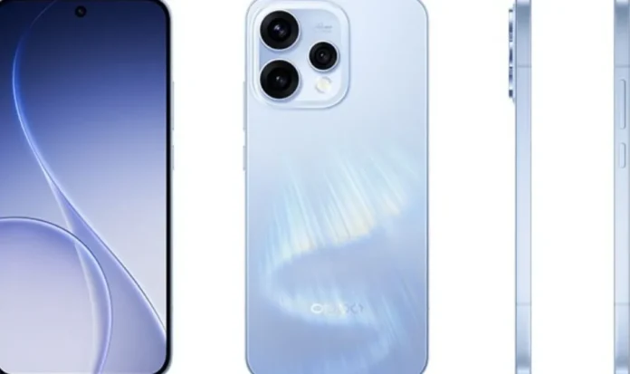 Ilustrasi smartphone Oppo Reno 15c dengan pilihan warna Aurora Blue, Academy Blue, dan Starlight Bow yang terungkap dari bocoran